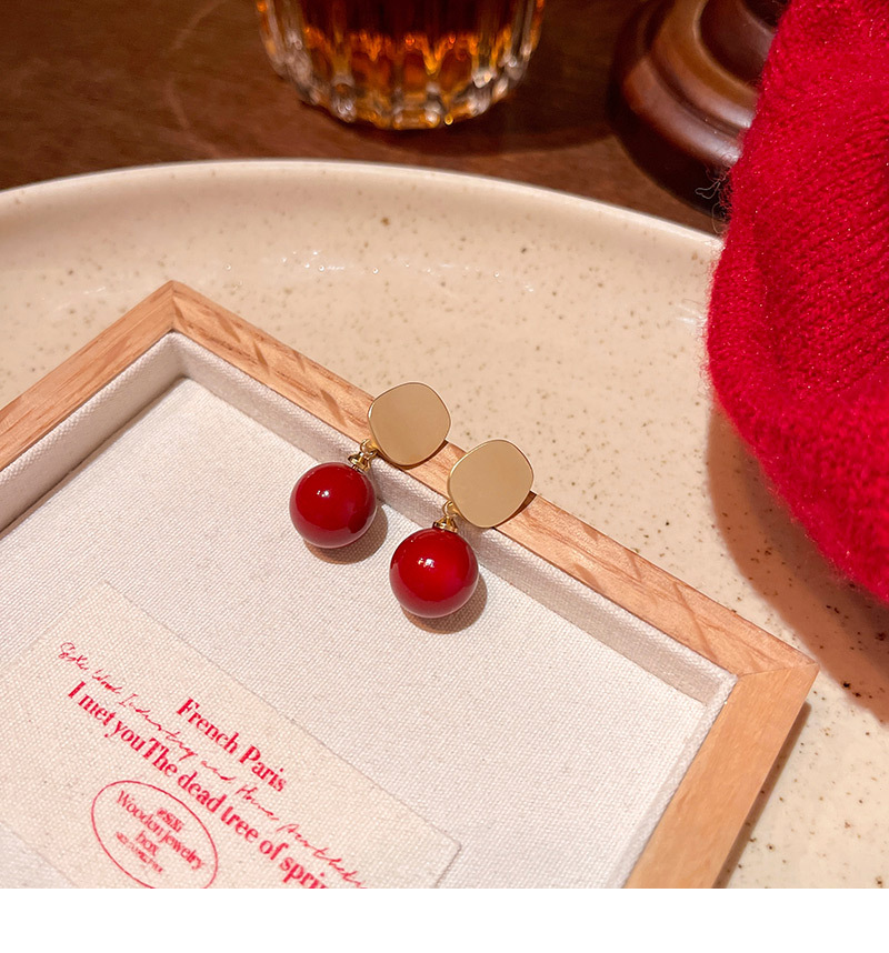 新年喜庆安可拉红色珠子耳钉女哑光拉丝几何形耳钉港风复工耳饰品详情17