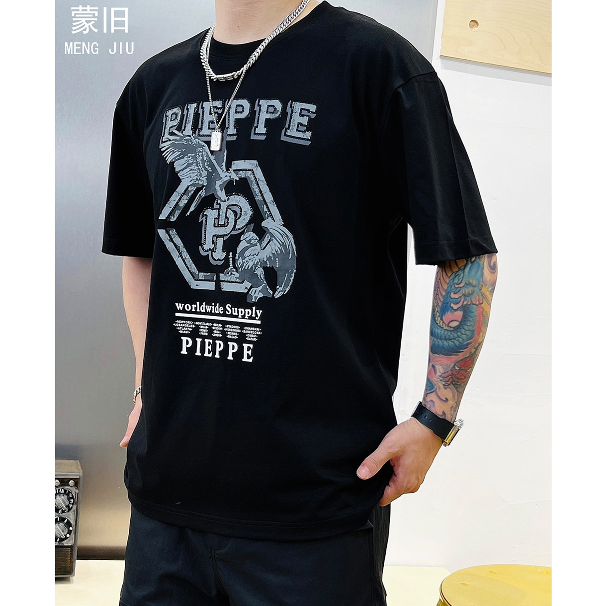 潮牌ins夏季新款t恤男宽松纯棉短袖潮流印花烫钻圆领半袖男士上衣详情12