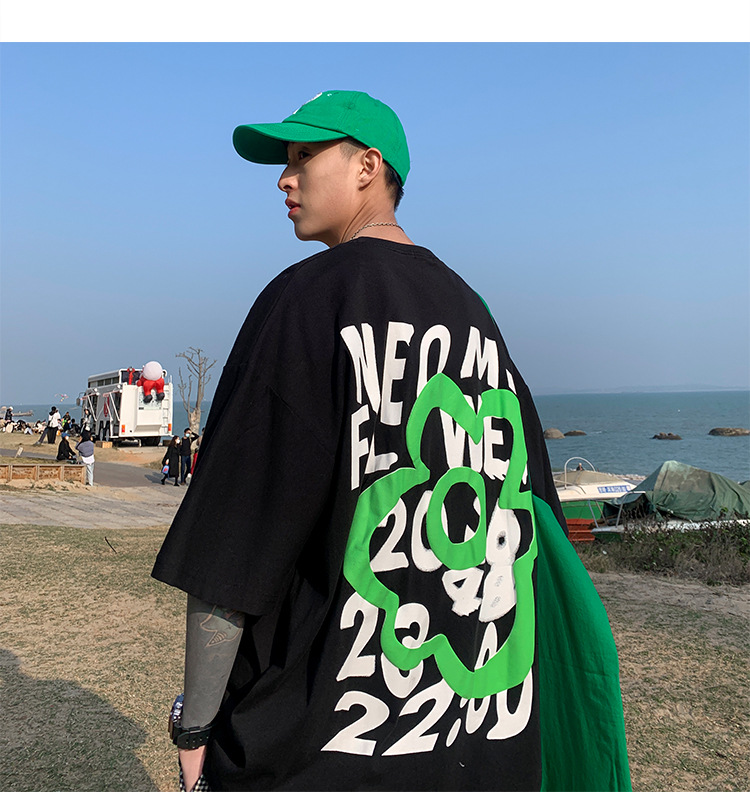 潮牌男装直播货源 190g克新疆棉宽松韩版T恤发泡印花朵袖短男t详情11