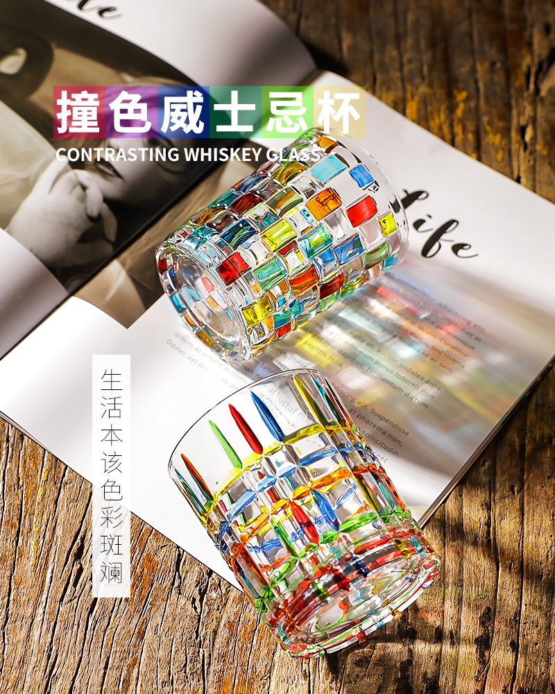 European-style contrasting color whisky wine glasses, hand-painted colored glass cups, creative painted water cups, bar spirits cups, foreign wine glasses pic 3