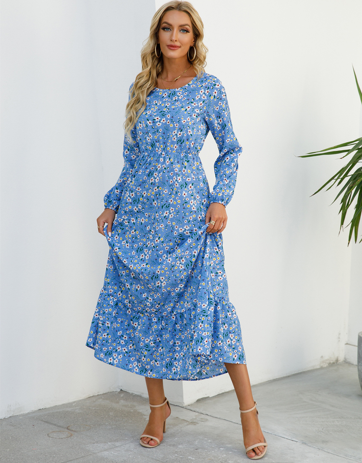 European and American floral long, round-neck, long-sleeved, waist-cinching and slimming dress pic 69