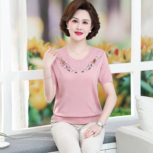 妈妈夏装针织短袖T恤衫中年妇女纯色上衣中老年人洋气翻领打底衫详情20