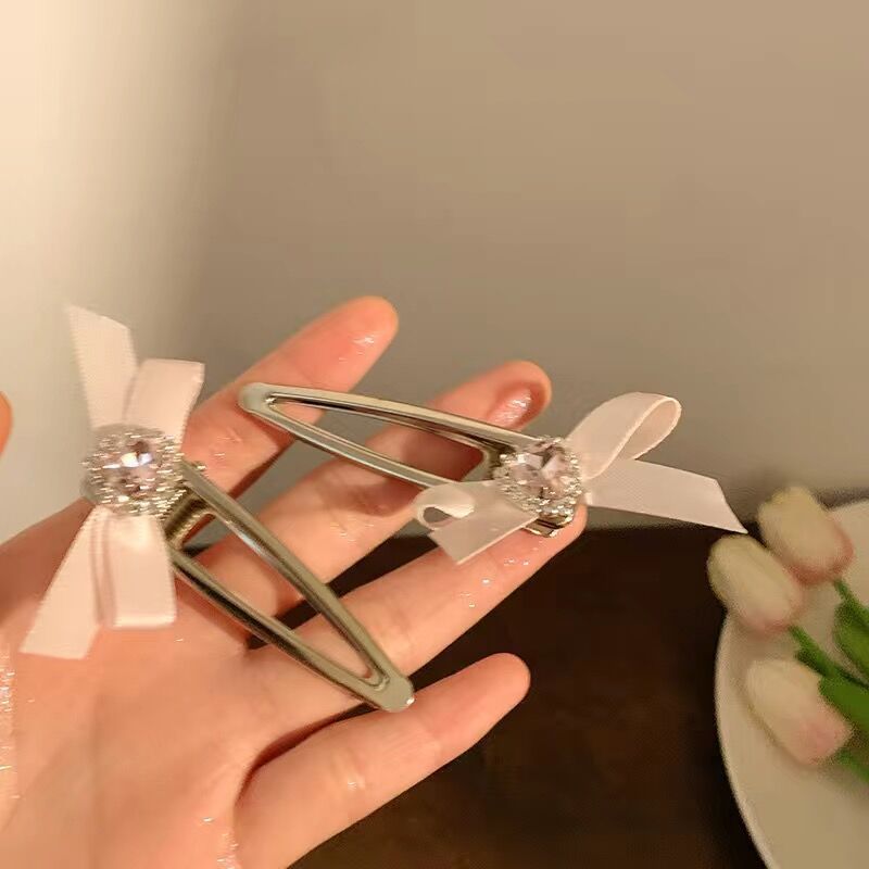 y2k Girl Heart Heart water Diamond pink bow hair clip, female bangs side hair clip, sweet duckbill hair accessory pic 12