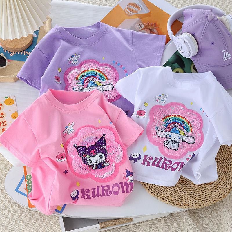 女童t恤短袖牛奶磨毛夏2024新款爆款洋气变色库洛米亮片女孩可爱详情3