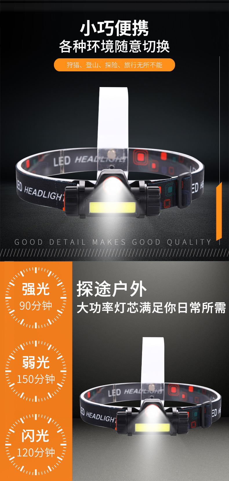 Factory direct supply of charging high-intensity headlamps, fishing lamps, coal mine lamps, night patrol headlamps, COB cycling bicycle lamps pic 4