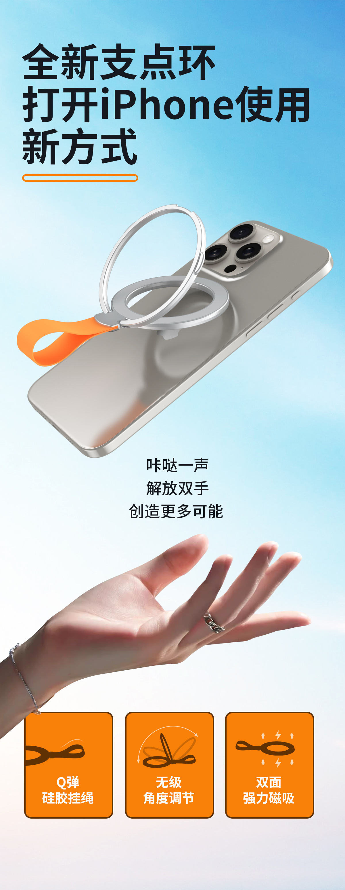 跨境magsafe强磁吸手机支架超薄折叠桌面旋转硅胶挂绳桌面指环扣详情7