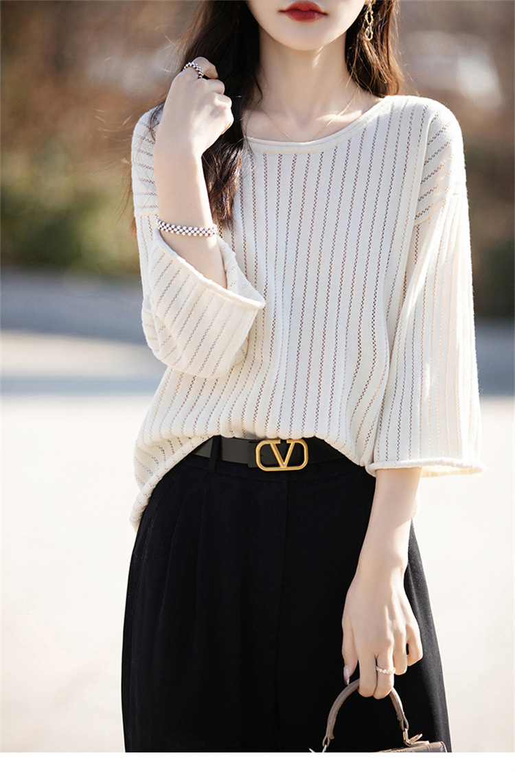 七分袖中袖夏女装纯棉镂空针织套头T恤清凉针织衫宽松版套头大码详情27