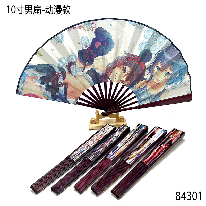 国潮古风10寸男扇中国风双面图案印刷折扇表演道具绢布扇子批发详情4