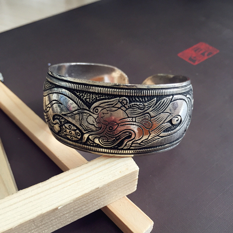 Retro ethnic style silver bracelet, European and American carved wide opening bracelet, fashionable and individual Miao silver aged ancient-style jewelry pic 11