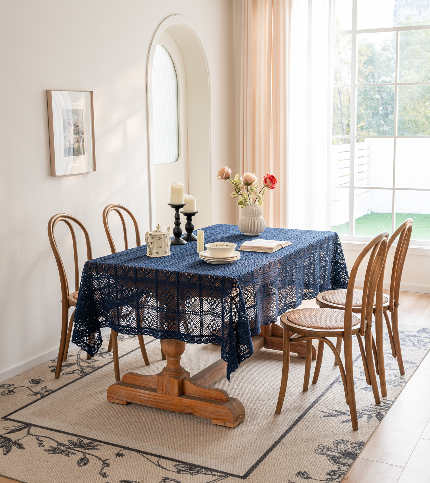 Cross-border hollowed-out hidden deep blue tablecloth, retro crochet photo art book, personalized cotton thread woven tablecloth cover pic 12