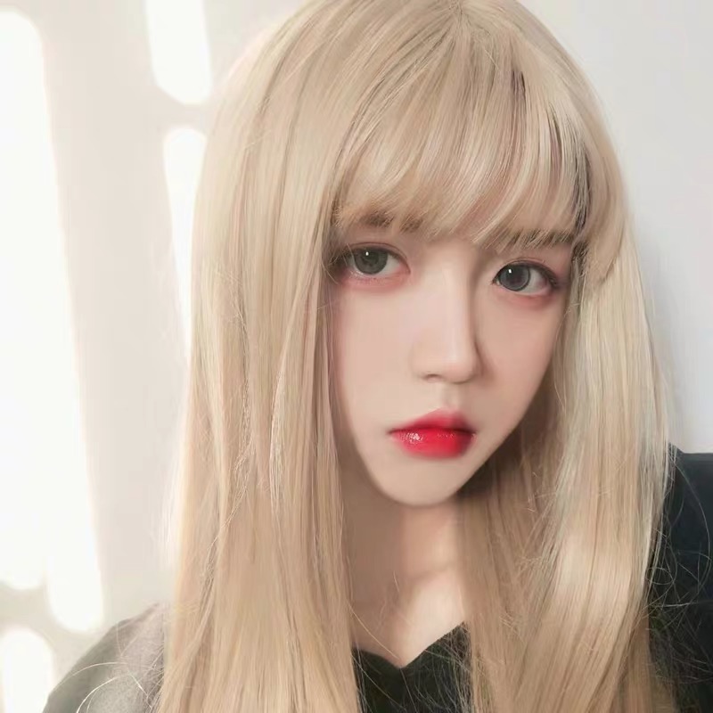 Bubble bean wig, long female hair, cold heart, straight hair, Internet celebrity cosplay air bangs, daily natural full head set pic 4