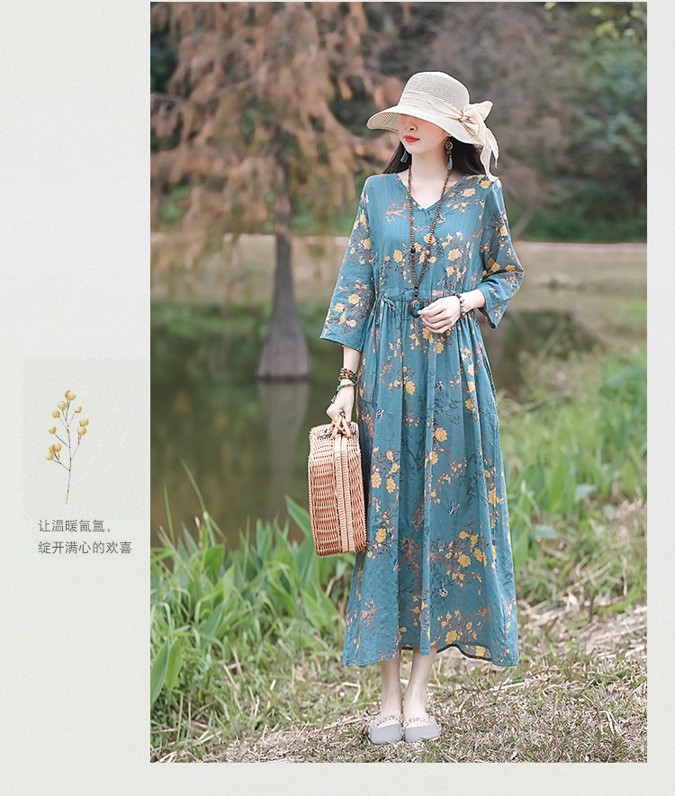 2024夏季新款中年妈妈复古文艺印花棉麻收腰连衣裙宽松大摆长裙女详情25