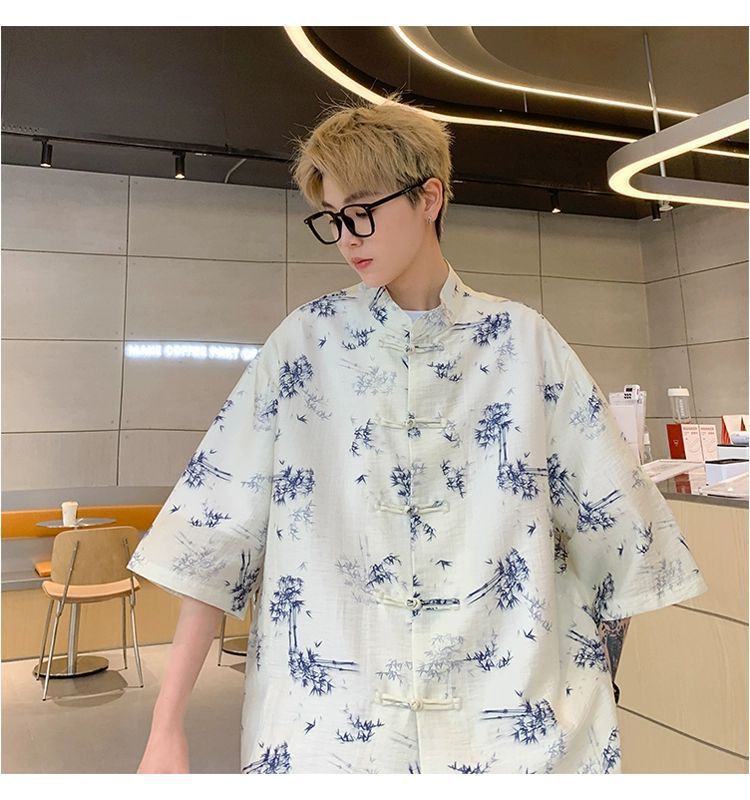 国潮青少年中国风竹子免烫处理短袖衬衫男夏季新中式盘扣潮流宽松半袖详情8