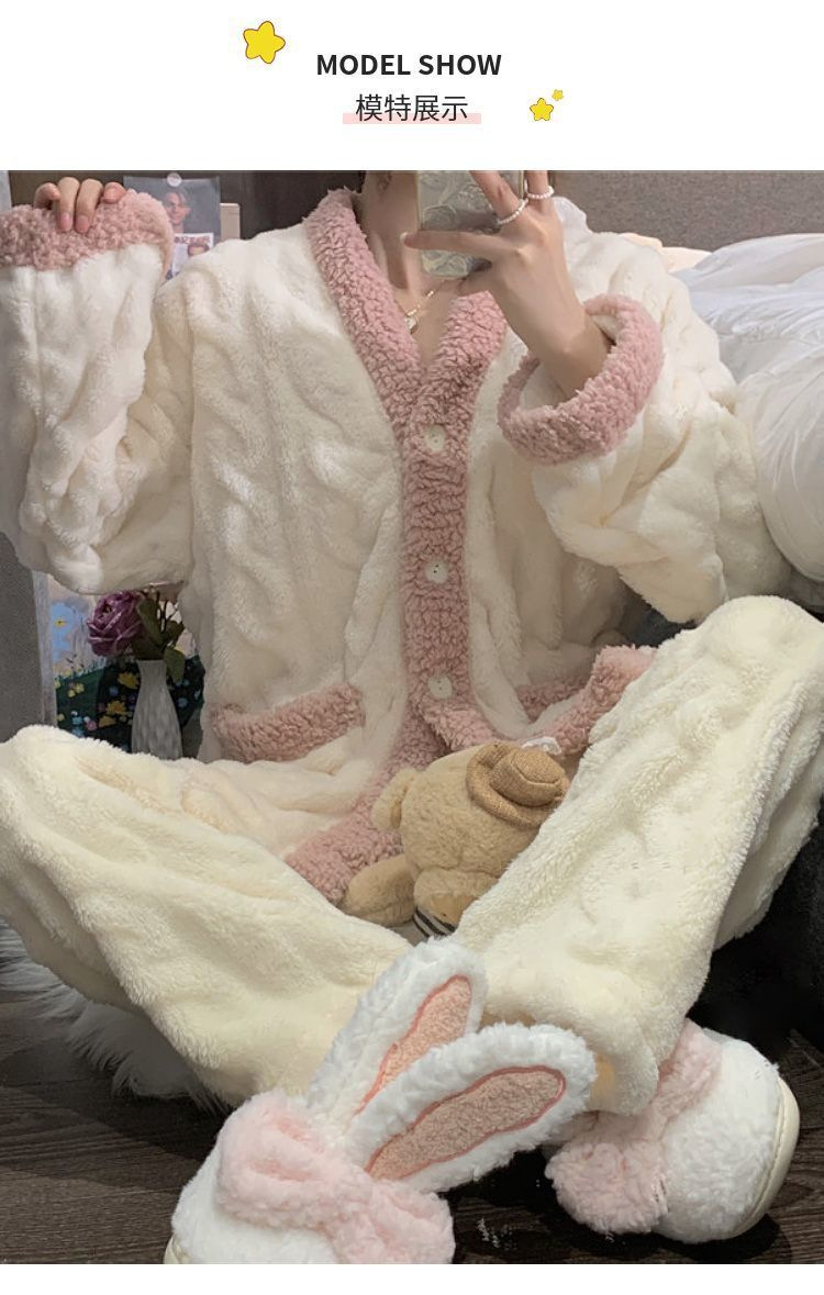 秋冬季女士法兰绒睡衣女冬款长袖加厚加绒可爱女生家居服套装详情17