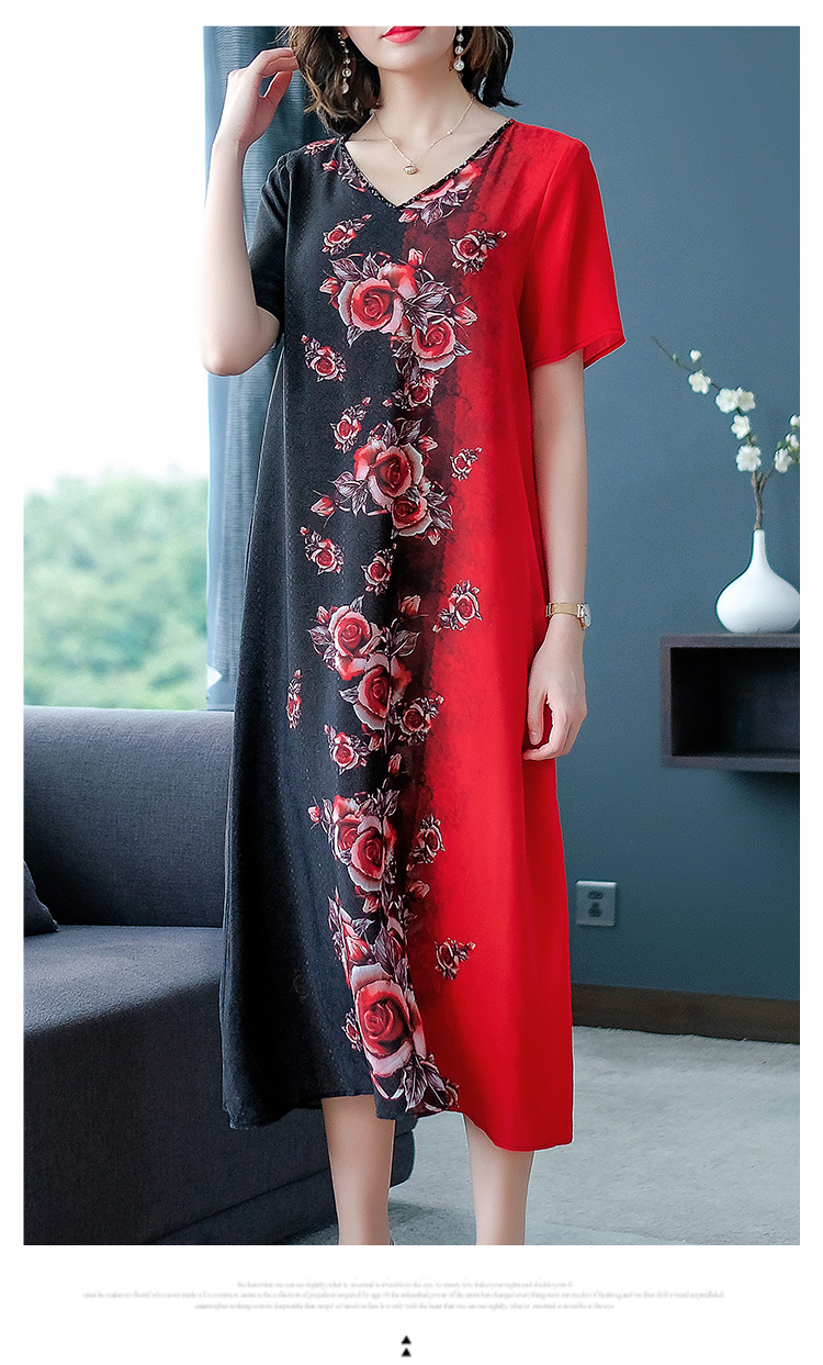 批发V领印花连衣裙女2021夏季新款阔太太大码遮肚桑蚕丝裙子潮详情12