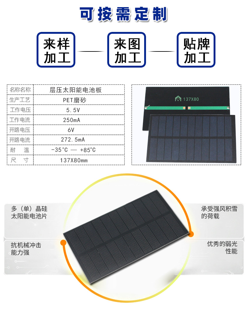 太阳能电池板PET磨砂层压单晶硅多晶硅太阳能充电板6V光伏发电板详情2