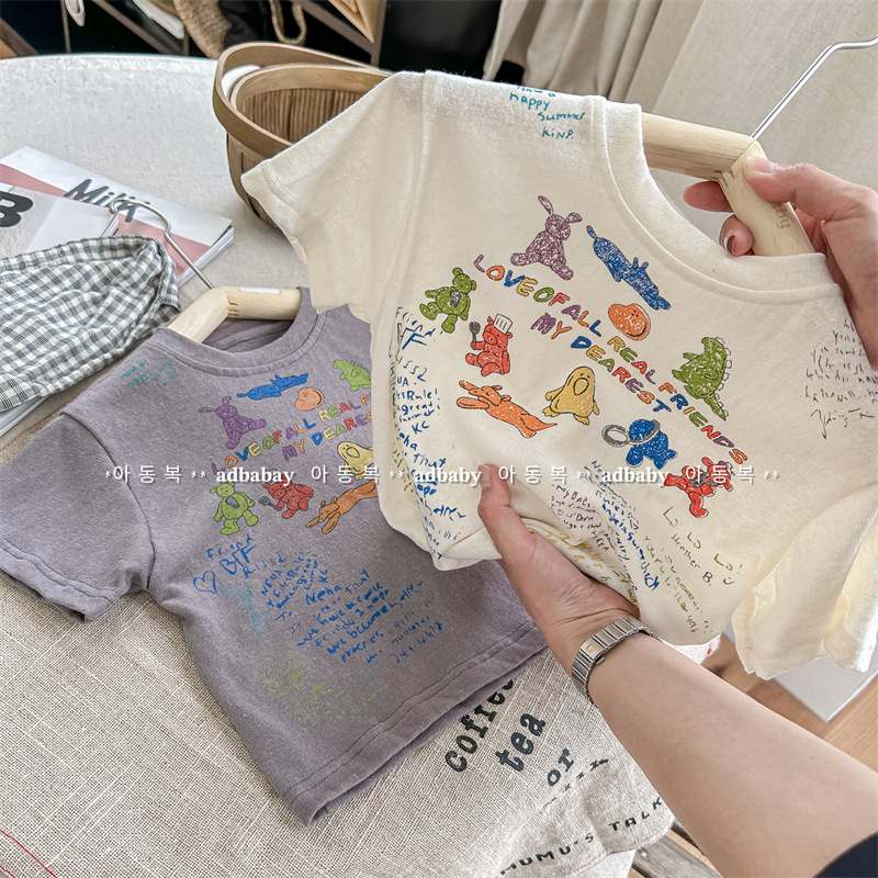 Summer 2025 Children's Clothing: Korean version active printed Girls' short-sleeved T-shirt, Summer Clothing for Boys' base Layer, 123292 pic 43