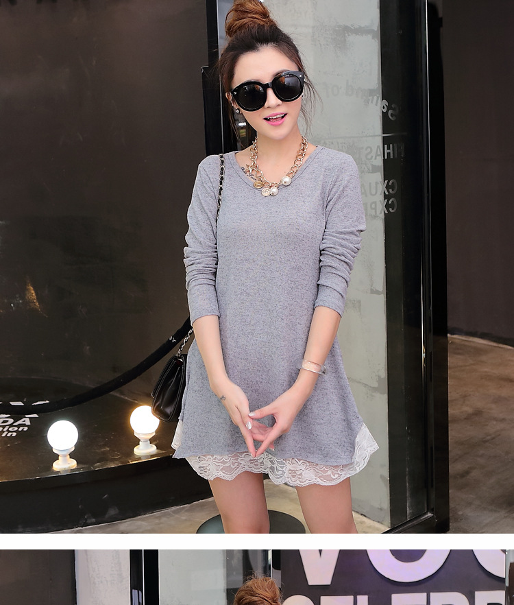 Autumn large-sized solid color T-shirt for pregnant women with lace trim, mid-length loose base layer pic 24