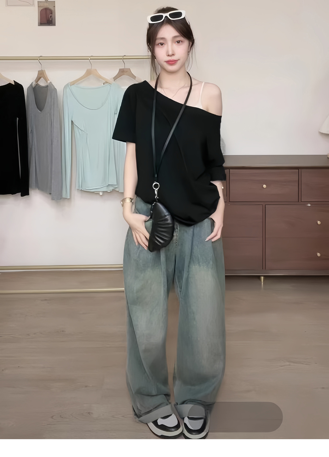 宽松一字肩显瘦上衣女夏季小心机斜领露肩短袖小众别致高级感T恤详情5
