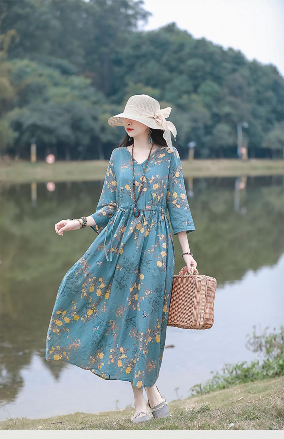 2024夏季新款中年妈妈复古文艺印花棉麻收腰连衣裙宽松大摆长裙女详情20