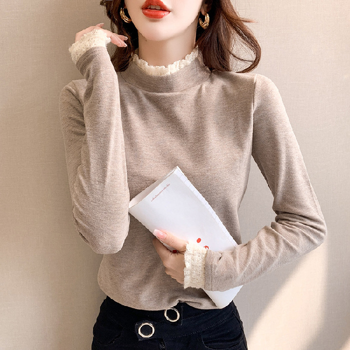 Lace semi-high neck fleece base layer shirt for women, versatile for autumn and winter 2022 new style fleece long-sleeved stylish inner layer top pic 14