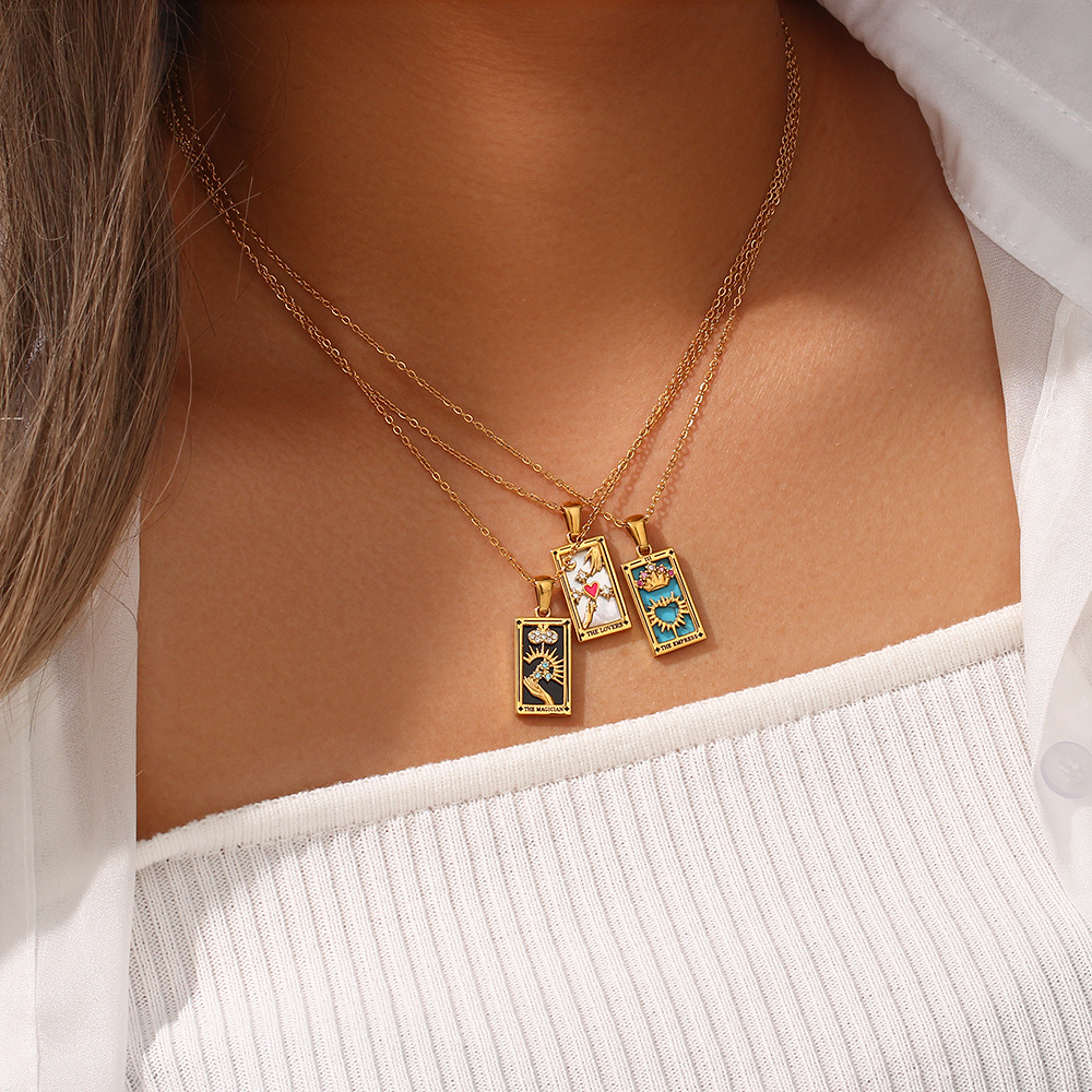Stainless steel rectangular oil-dripping zircon tarot card necklace, a popular and retro pendant accessory on Instagram in Europe and America pic 18