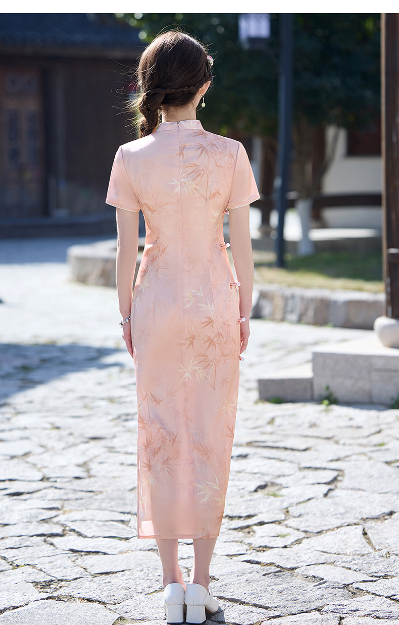 国潮粉色竹叶淑女旗袍2025年春季新款双层改良提花日常年轻详情16