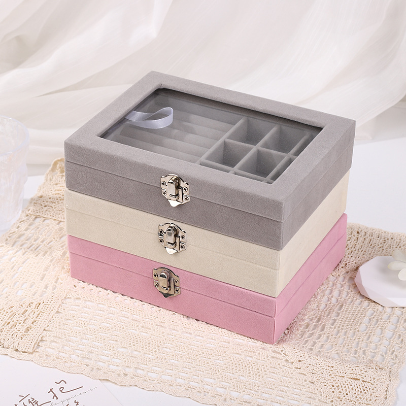Fashionable, simple, large-capacity, portable, multi-compartment suede exquisite jewelry box, earrings, necklace and ring storage box pic 5