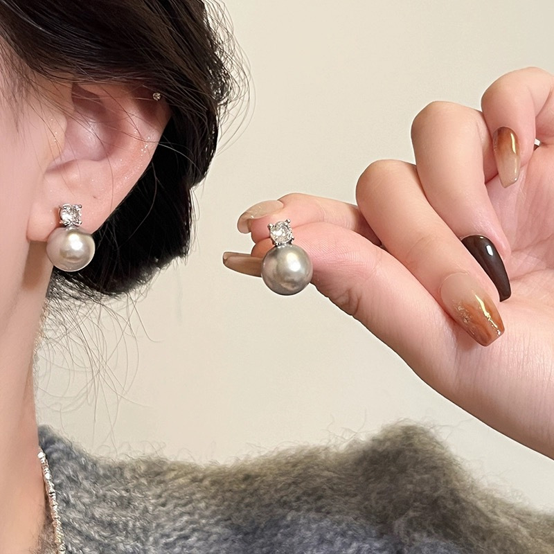 高级感简约浅灰色玻璃珍珠微镶锆石S925银针百搭耳钉气质耳饰耳环详情2