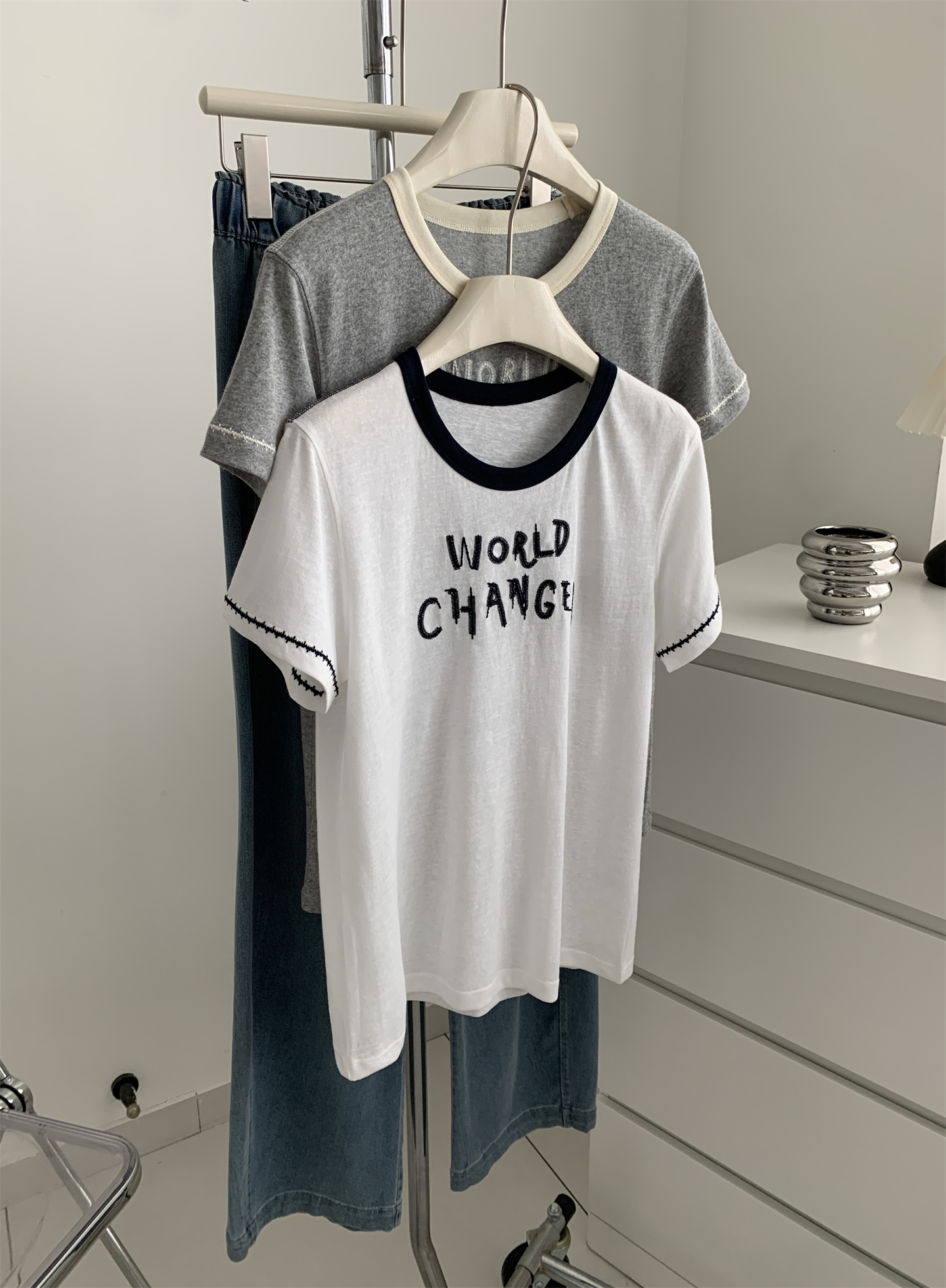 Summer thin, breathable snowflake cotton letter-shaped T-shirt for women, color-blocking round-neck lace embroidered loose short-sleeved top pic 23