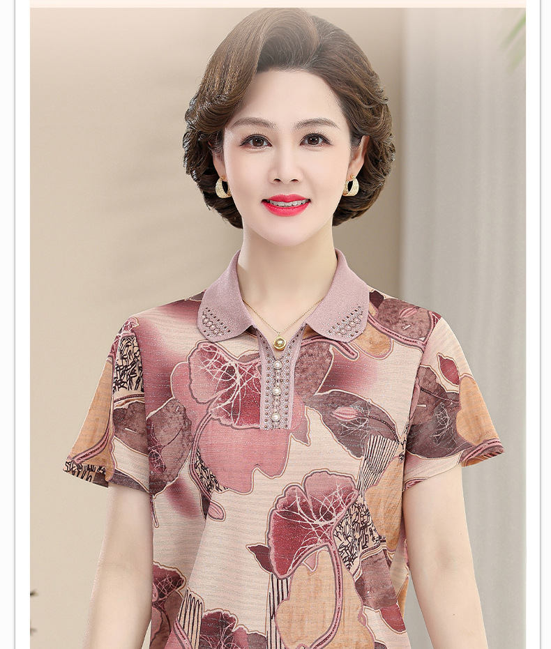 洋气妈妈装夏季短袖翻领T恤中老年人夏装宽松大码时尚印花小衫薄详情51