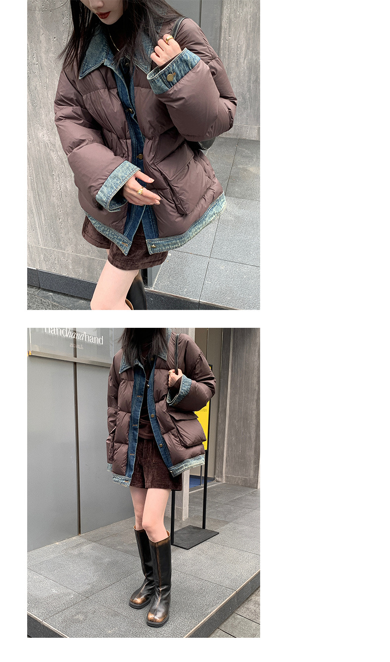 Qumeng DT CLASSIC Retro patchwork fake two-piece denim down jacket for women, 90 white duck down winter coat for women pic 49