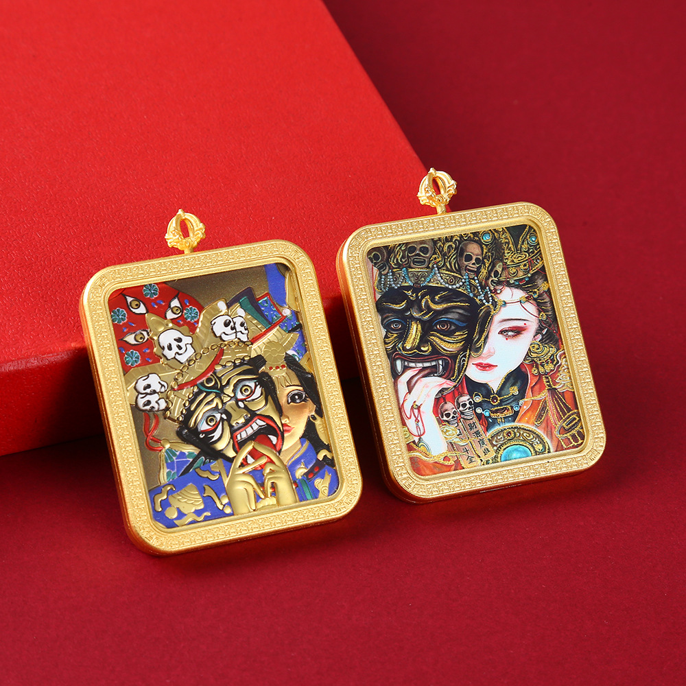 藏式半手绘双面唐卡吊坠 扎基拉姆唐卡 五台山龙五爷黄铜工艺品详情6