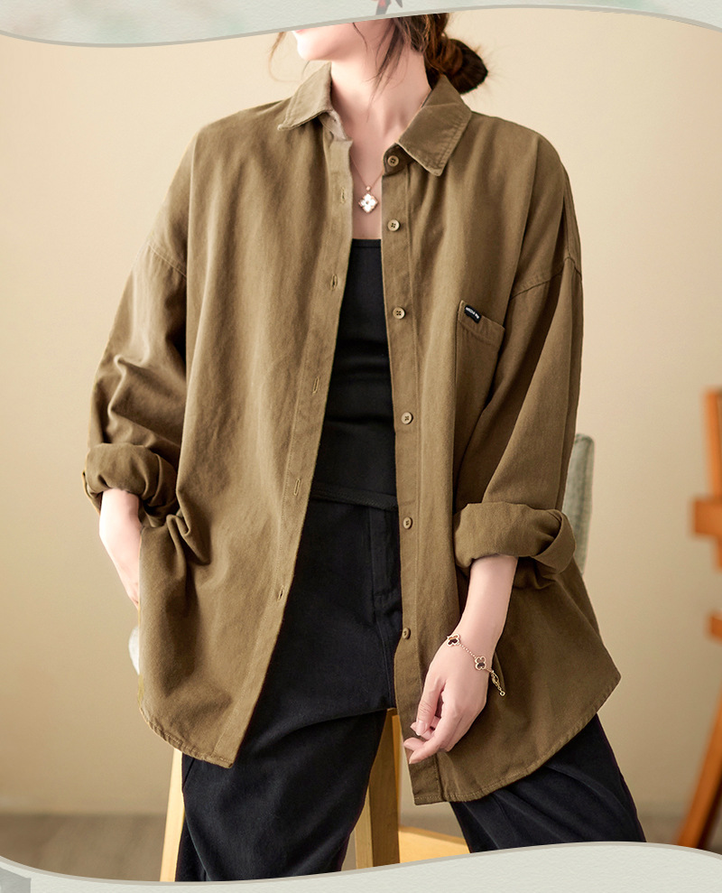 4色入纯色翻领长袖衬衫外套女宽松2024秋季新款文艺大口袋衬衣潮详情2