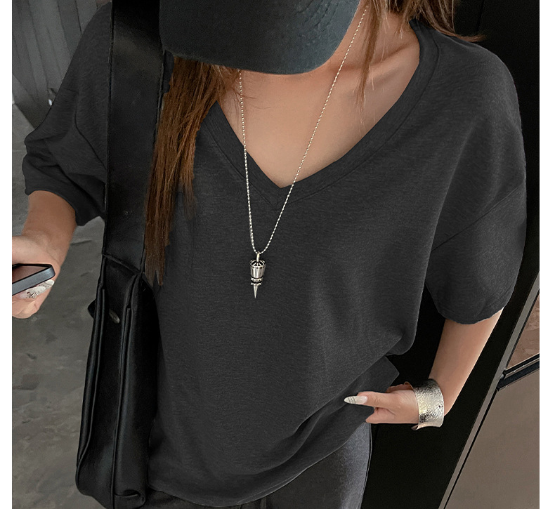 夏季韩系大版落肩袖V领短袖t恤女式基础款外穿高级感慵懒风上衣潮详情23