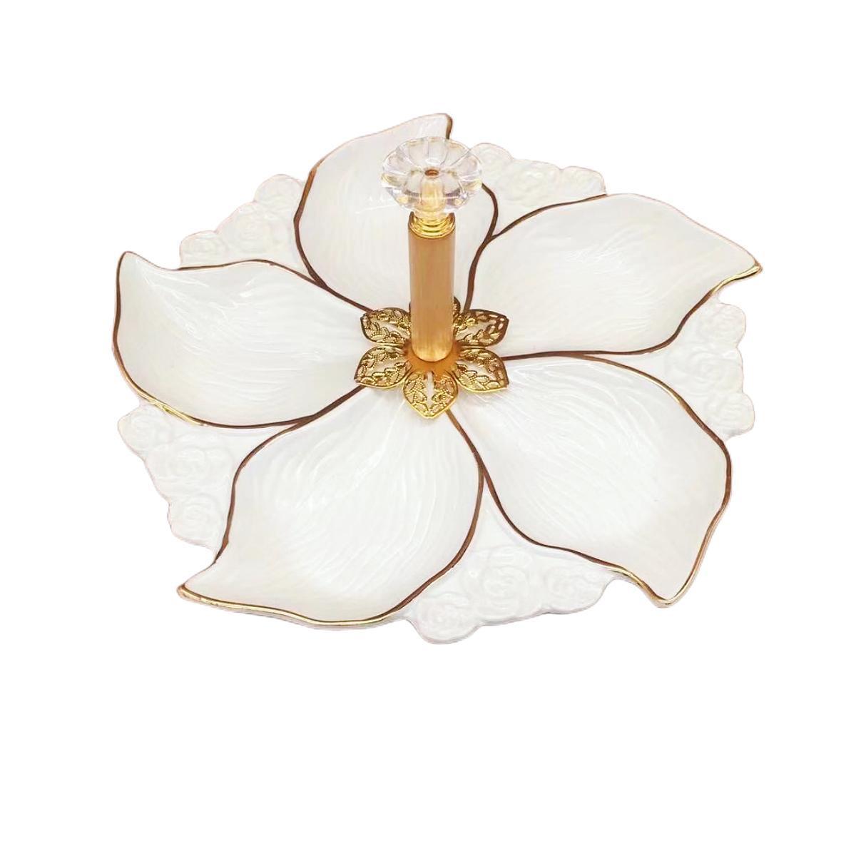 A pure white petal-shaped fruit platter with electroplated gold and multiple compartments, a hand-held restaurant banquet food platter pic 8