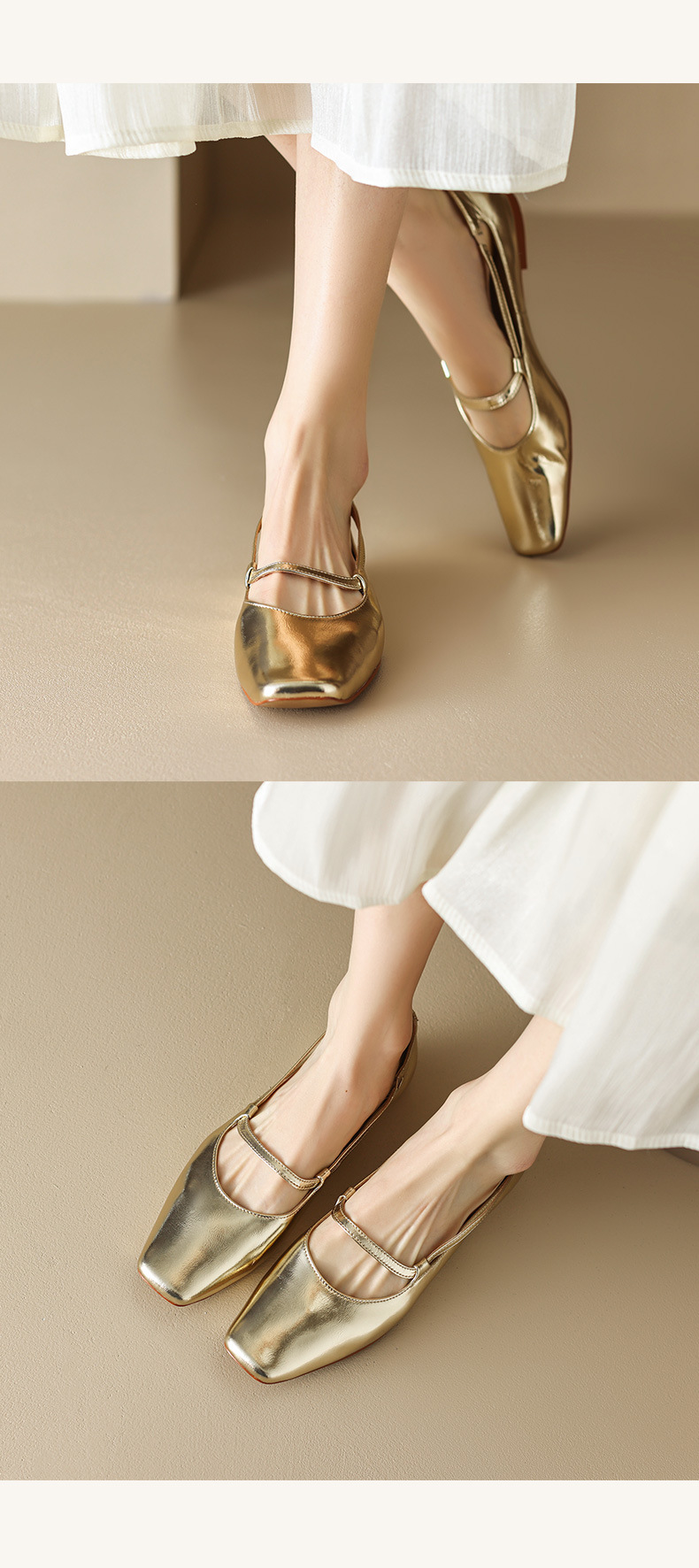 New Spring and summer one-strap flat shoes, simple golden sheepskin, shallow-mouthed, chanel-style, for ladies with square toe single shoes pic 14