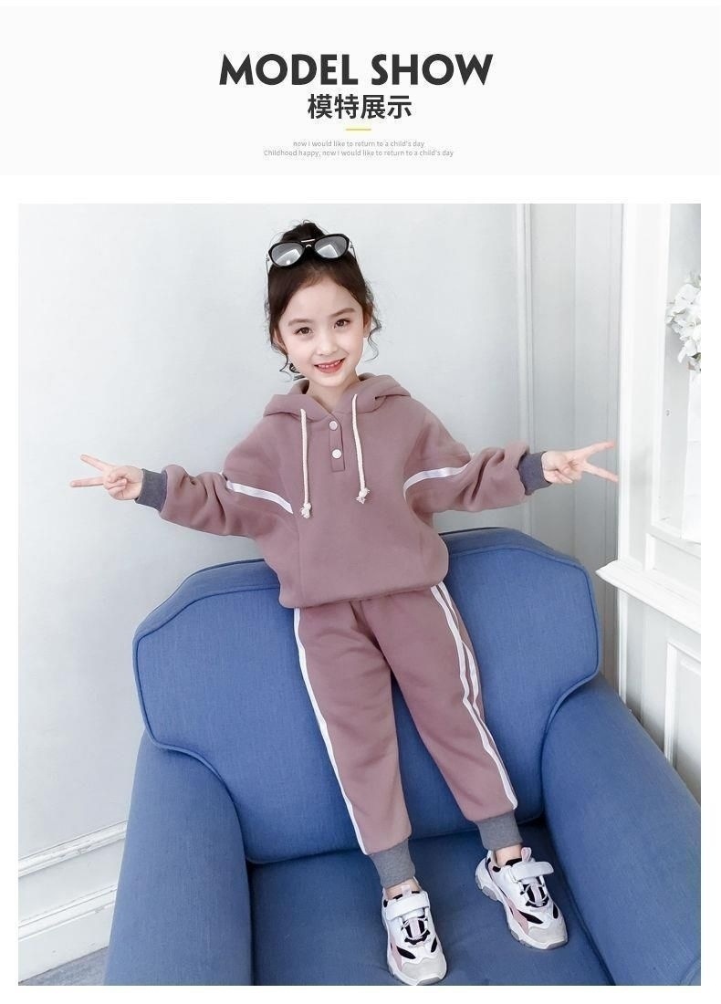 外贸加绒秋冬季2022新款儿童女童服装拼接连帽卫衣套装两件套批发详情11