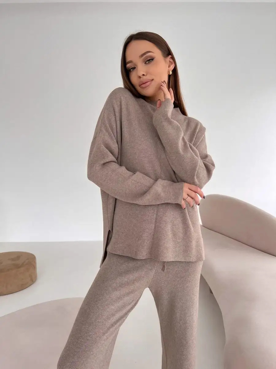 秋冬俄罗斯长袖宽松休闲长裤毛衣套装女跨境欧美热卖开叉套装详情22