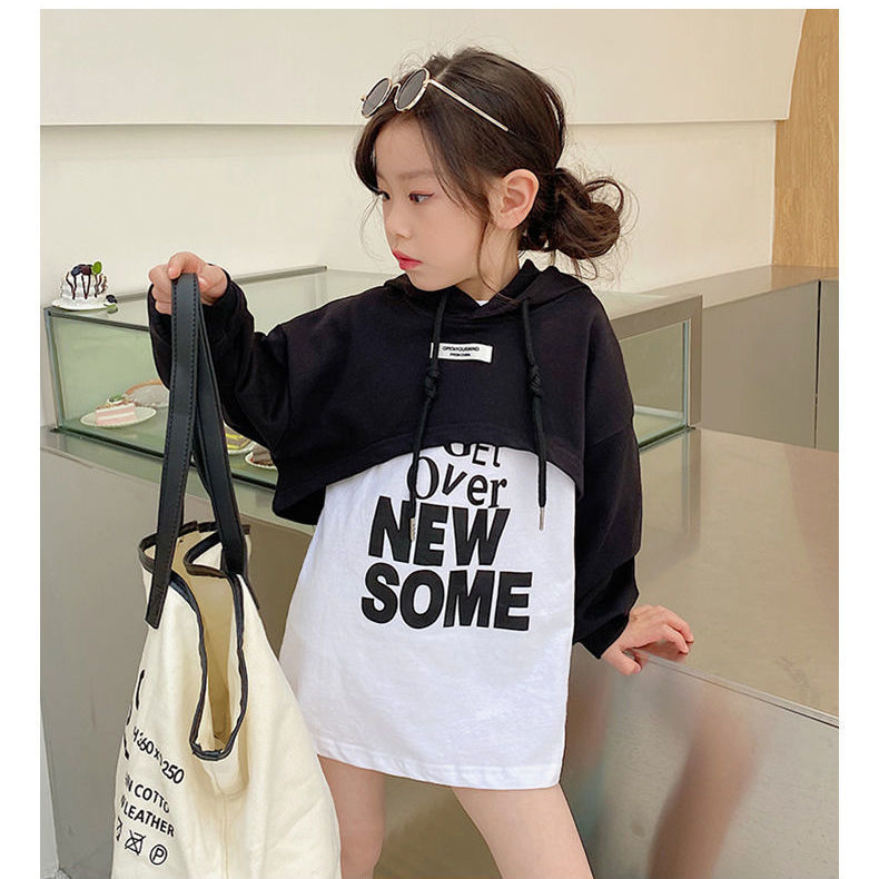 Girls' Spring and Autumn long-sleeved sweatshirt 2024 New style for middle-aged and young children Korean-style stylish top, mid-length T-shirt skirt for girls pic 11