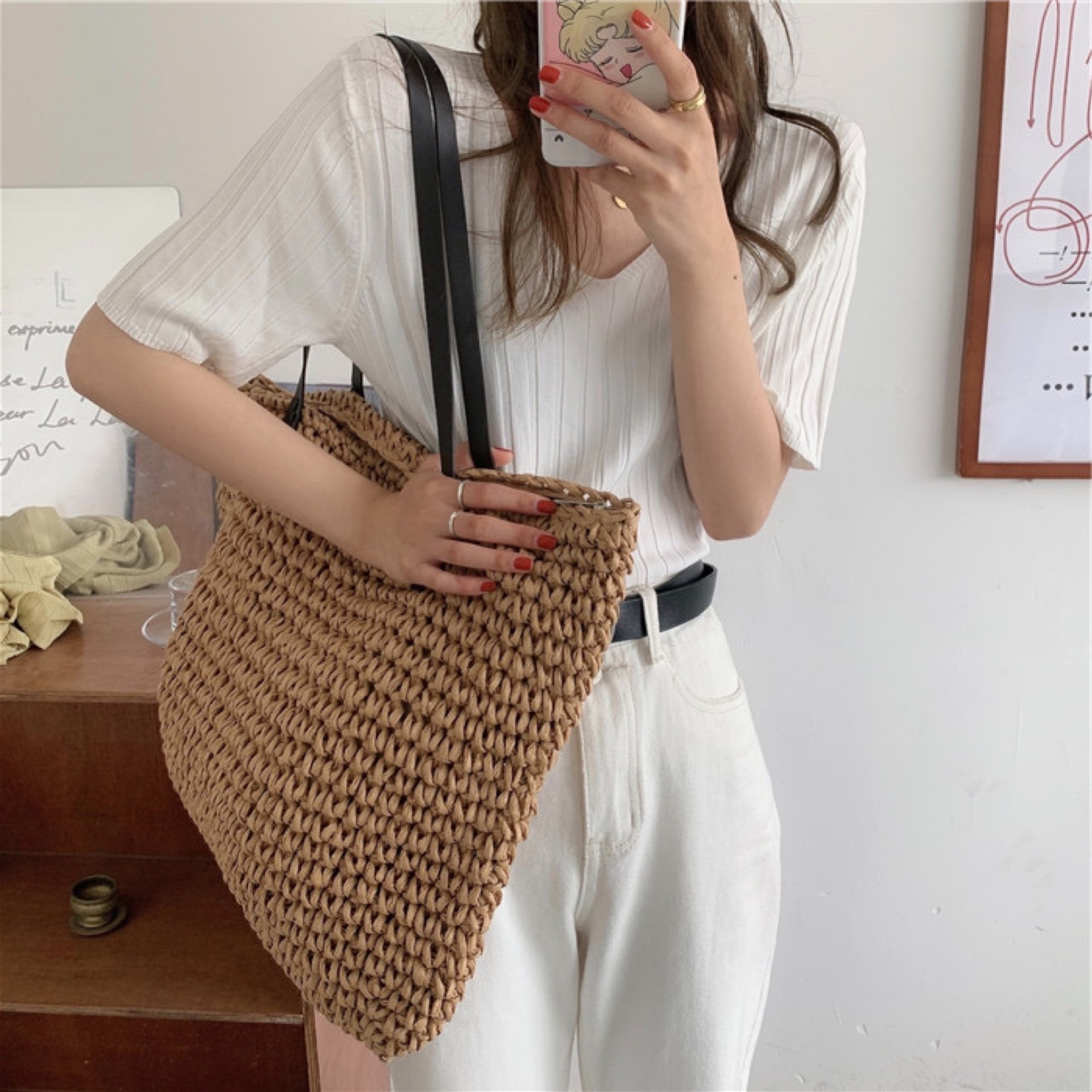 This ice silk short-sleeved V-neck knitted sweater is a summer base T-shirt for women. It can be worn over a thin, loose black chanel-style top pic 16