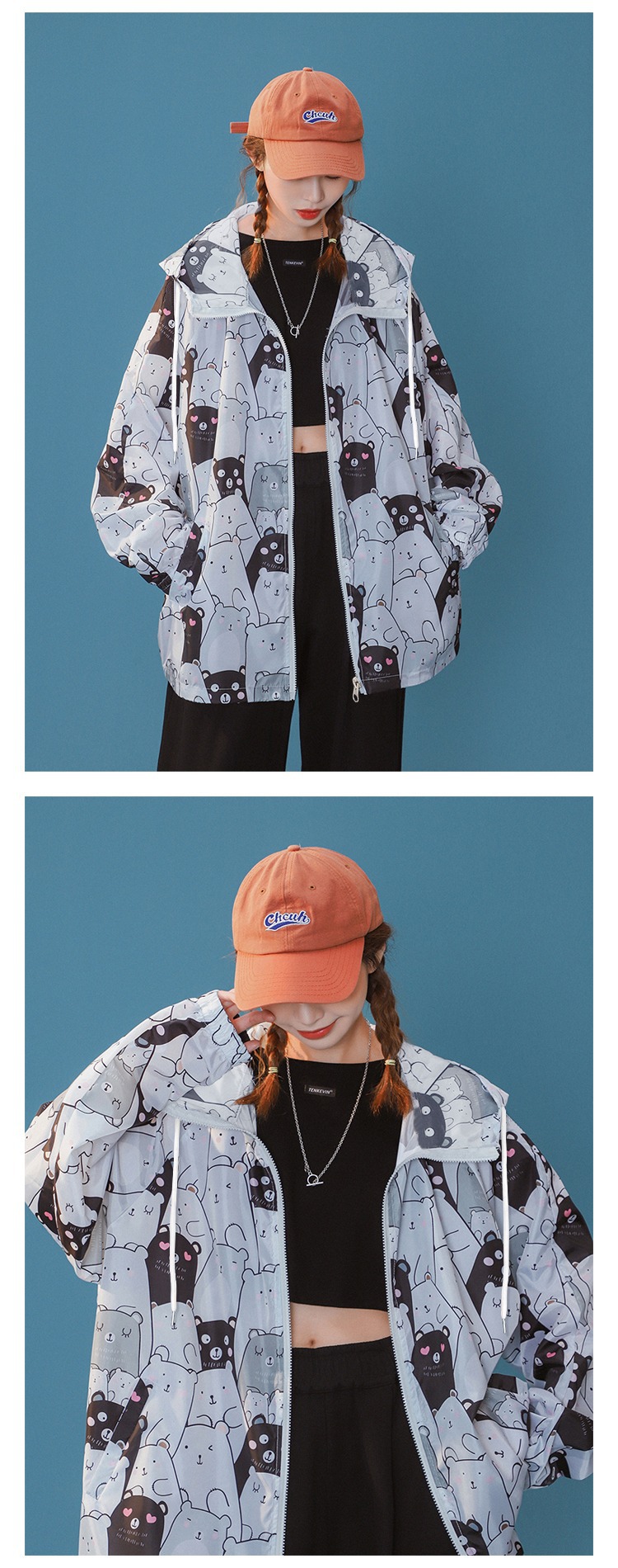 A large-sized loose hooded sun-protective cardigan with a zipper jacket for women, a new summer design with a unique and niche long-sleeved sun-protective clothing pic 9