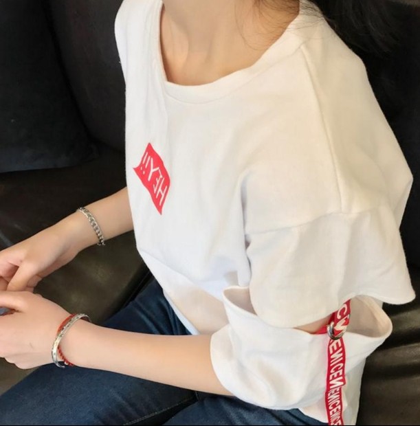 Loose and slimming woven strap letter-printed perforated T-shirt for women, versatile top HEY mid-sleeve pic 7