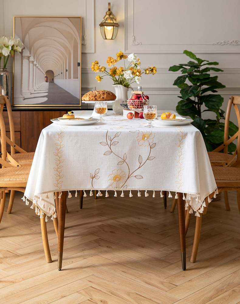 Youzhuo Nordic modern, simple, fashionable, creative, elegant and high-end cotton and linen fabric tablecloths, waterproof embroidered tablecloths, small floral coffee table fabrics, tassel cover fabrics, rectangular tablecloths pic 10