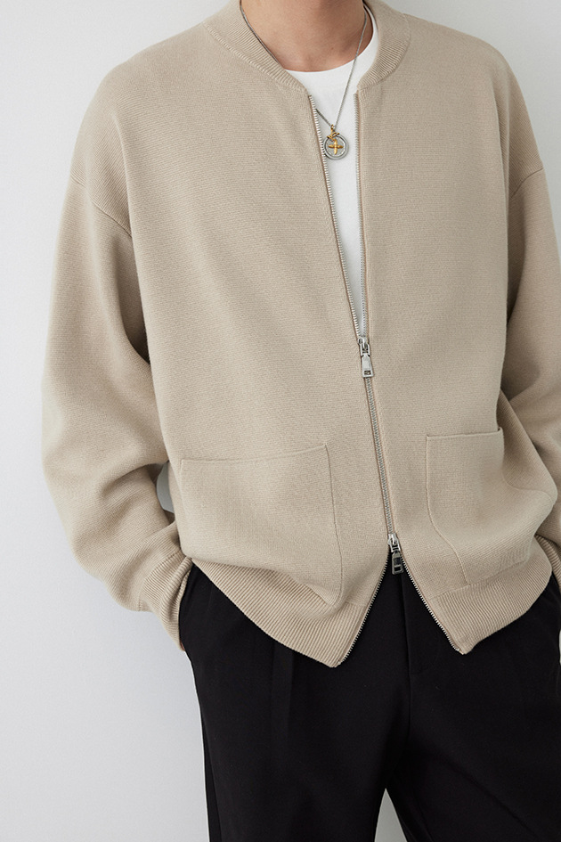 韩版潮流重磅双向拉链针织开衫简约休闲棒球领夹克毛衣外套男新款详情6