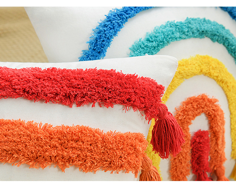 Cross-border ethnic style Bohemian style tufted rainbow pillowcase, three-dimensional embroidered cushion cover, home pillow cover pic 17