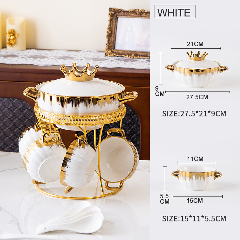 出口创意家用餐具镀金汤锅带盖高档轻奢双耳陶瓷汤锅套装带铁架详情2