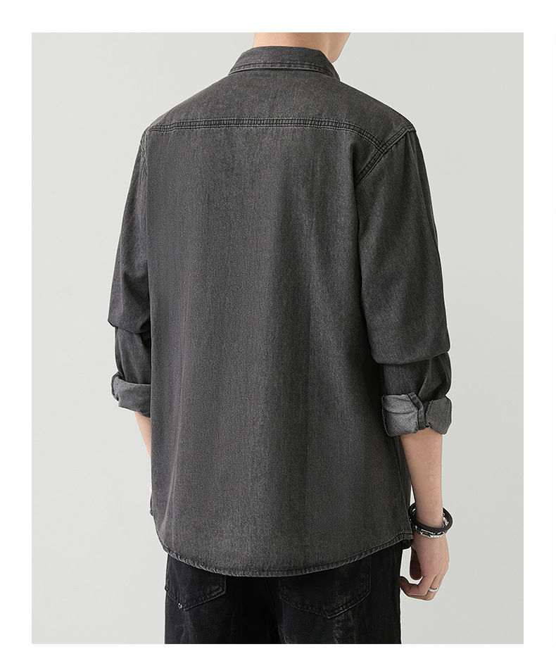 男装薄款牛仔长袖衬衫男2023春秋韩版潮流休闲纯色工装衬衣外套男详情19