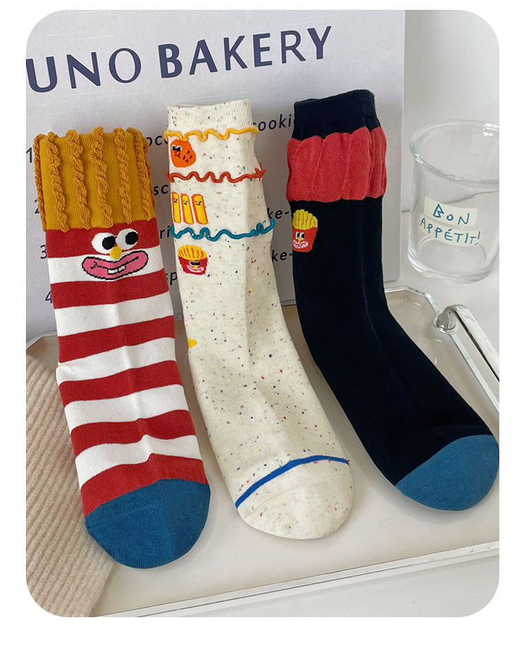 New spring pure cotton mid-calf socks for women, sweat-absorbing, funny French fries socks, cartoon casual socks, Zhuji Hosiery pic 10
