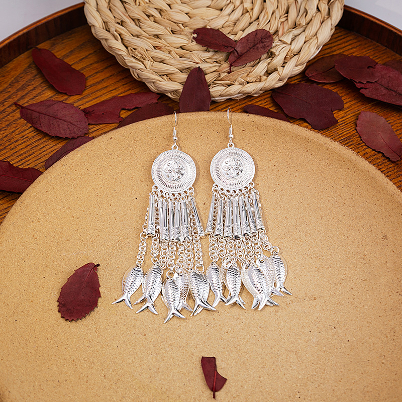 European and American Bohemian long tassel stud earrings, retro ethnic style Miao silver earrings, geometric round small fish earrings pic 9